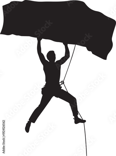 Man Hanging from Rope with Large Object.