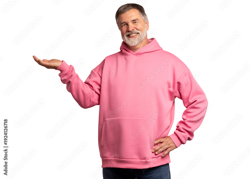 Fototapeta premium Happy middle aged man in pink sweatshirt, smiling older professional manager looking at camera, presenting ads advertising product or service isolated on transparent background