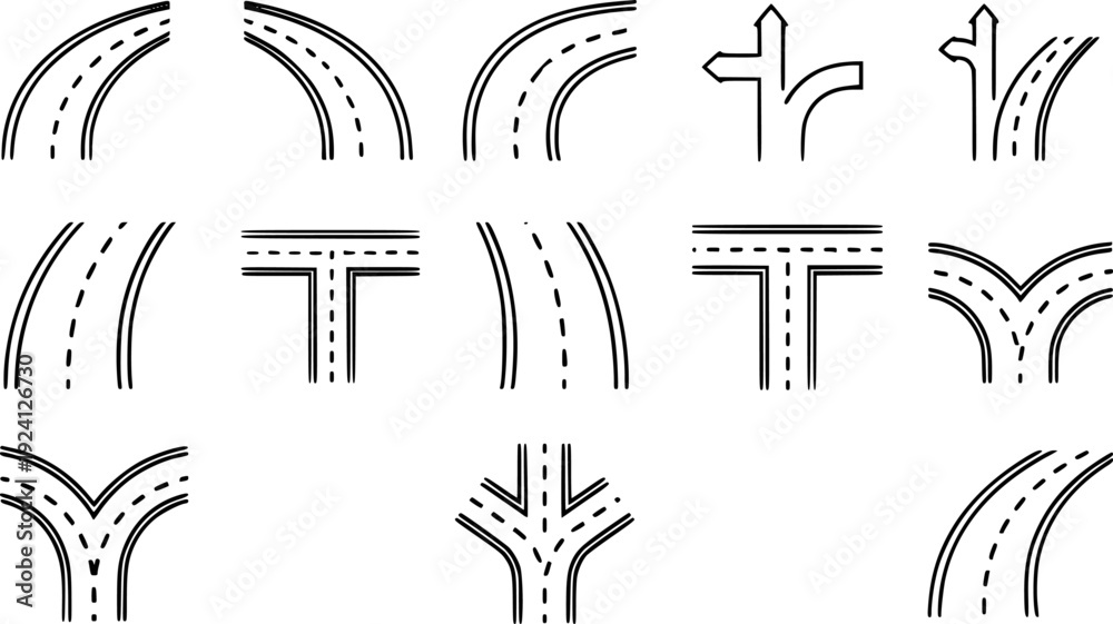 Fototapeta premium Collection of black and white road intersection and curve with dashed lines white background