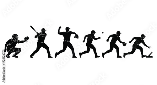 A series of baseball player silhouettes in various poses against a white background silhouette