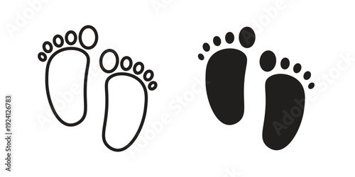 Baby footprint icon vector pack. Thin linear and black flat style.
