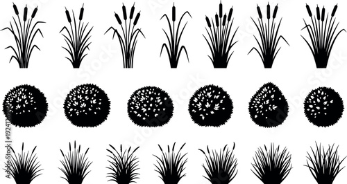 Set of black mushroom silhouettes, fungus icon collection, forest toadstool shapes, organic nature elements, autumn botanical vector, isolated fungal graphics, garden.