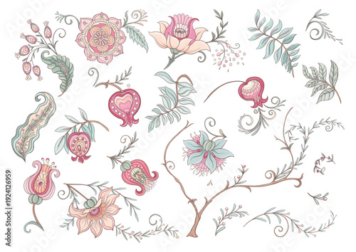 Wallpaper Mural Set of vintage floral elements. Ornate hand-drawn botanical motifs for classic design. Flowers, foliage, stems create refined backgrounds for textile, wallpaper, and heritage projects. Torontodigital.ca
