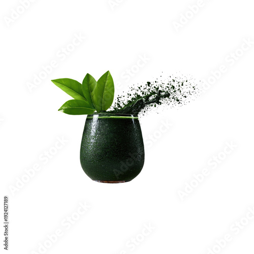 Fresh spirulina smoothie splash with green leaves in clear glass isolated on white background