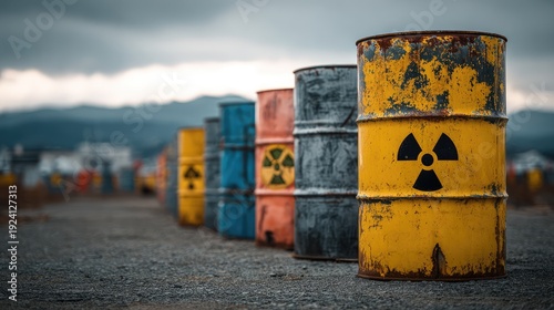 Industrial scene featuring colorful barrels marked with radioactive symbols, positioned in a desolate landscape under a dramatic sky, conveying themes of caution and environmental concern.