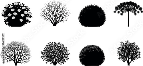 Set of black mushroom silhouettes, fungus icon collection, forest toadstool shapes, organic nature elements, autumn botanical vector, isolated fungal graphics, garden.
