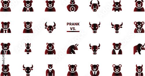 Red bear and bull icons in various poses and outfits on white background