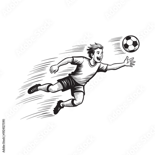 A young man skillfully heading a soccer ball in a dynamic illustrative style