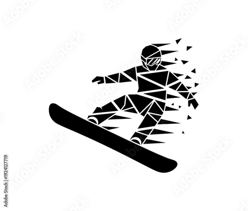 Geometric snowboarder in action silhouette with dynamic fragmentation effect