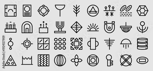 Abstract geometric monoline symbols for industrial engineering and structural design. Technical minimalist pictograms for architectural diagrams and urban planning interfaces.