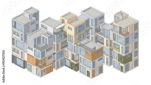 Sleek Isometric Arrangement of Multilevel Modern Urban Dwellings Concept