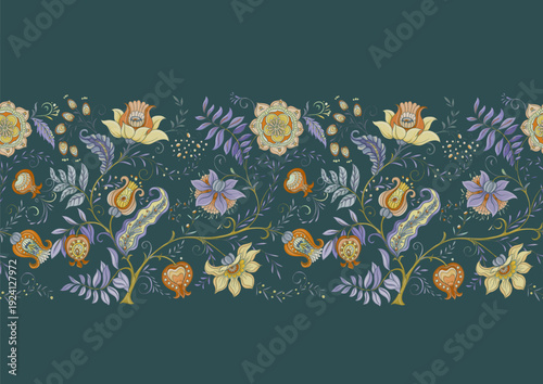Wallpaper Mural Botanical floral seamless ornament. Vintage hand drawn pattern with ornate garden flowers, leaves and intricate decorative swirls for textile wallpaper. Classic elegant motif design. Torontodigital.ca