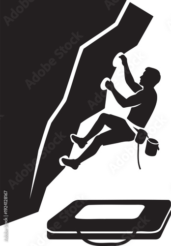 Rock Climber Silhouette Climbing Boulder Illustration.