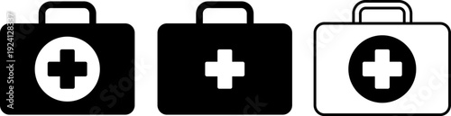Set of first aid kit icons in black and white