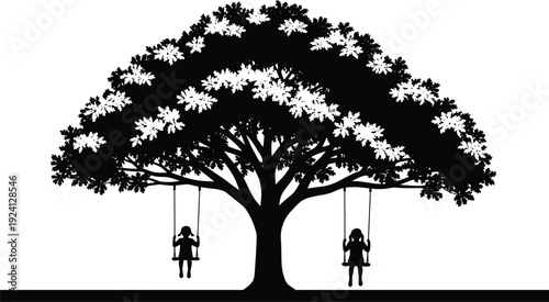 Black vector silhouette of a large spreading leafy oak tree with two young girls playing on swings for childhood summer nature and park branding