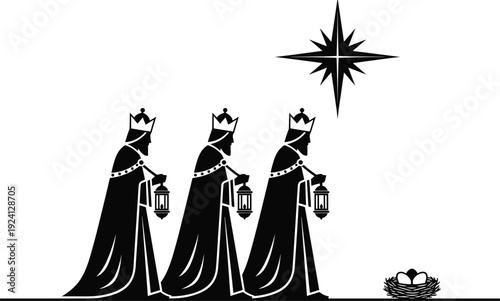 Black vector silhouette of the three wise men kings carrying lanterns following the bright star of Bethlehem for Christmas nativity and religious branding