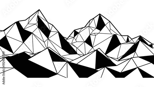 Geometric low poly mountain landscape art in black and white triangle pattern