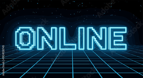 Retro futuristic neon text online in digital grid universe