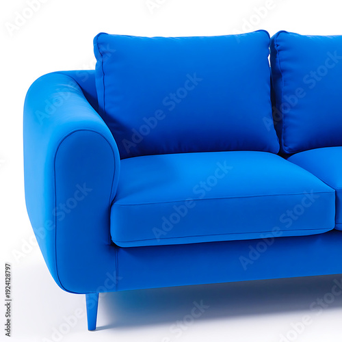 Vibrant royal blue modern sofa with soft fabric upholstery and rounded armrests, isolated on a clean white background