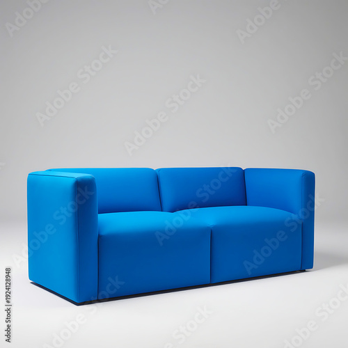 Minimalist cobalt blue sofa with deep seating and blocky arms, set against a smooth gradient grey background