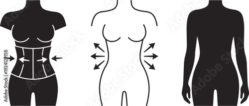 Waist trainer corset effect vector, female body shaping illustration, slimming transformation isolated fitness medical design set