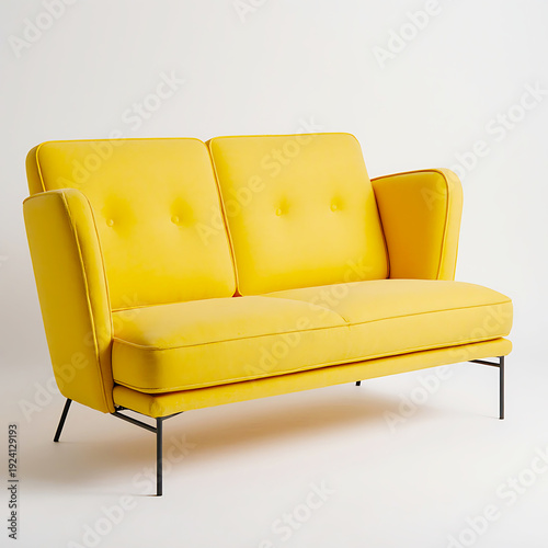 Sunny yellow mid-century modern sofa with tapered black legs and tufted back cushions, shown from a side angle.