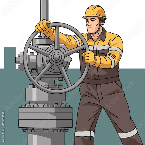 Industrial worker operating a large valve mechanism with safety gear.