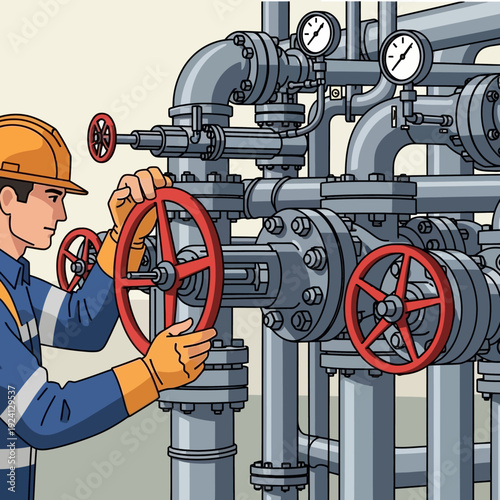 Industrial worker operating complex machinery with valves and gauges.