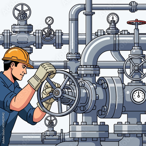 Industrial worker operating a large valve in a factory setting.