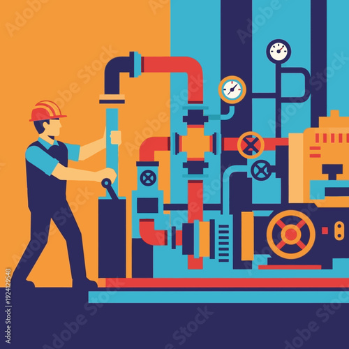 Industrial worker operating complex machinery with gauges and pipes.