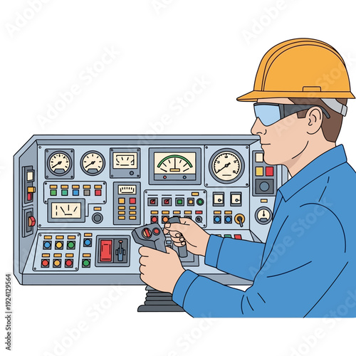 Man in Hard Hat and Safety Glasses Operating Control Panel.