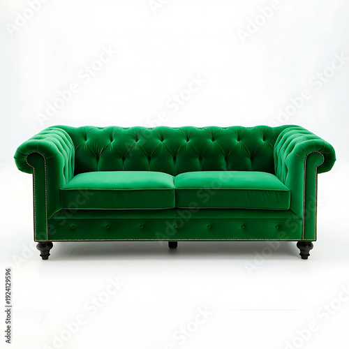 Stunning emerald green velvet Chesterfield sofa with deep tufting and rolled arms, set against a clean white background.
