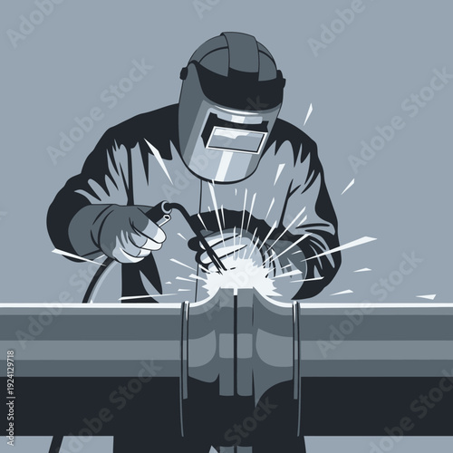 Skilled Welder in Protective Gear Performing Arc Welding on Metal Structure.