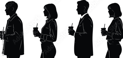 Black vector silhouette set of diverse men and women holding coffee cups or take away drinks in profile for cafe and morning commute branding