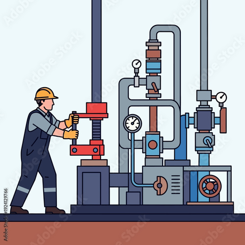 Worker operating complex industrial machinery with safety gear.