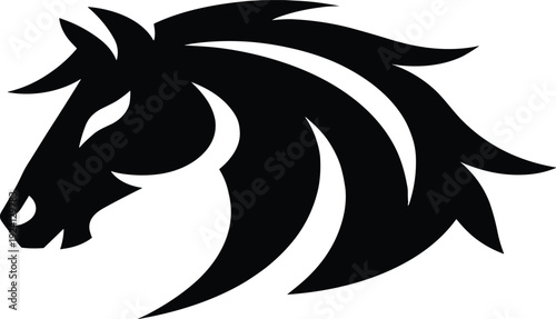 WebBlack horse head profile logo, tribal mustang stallion mascot icon for cad drawing flat vector illustration, equestrian sports and racing branding