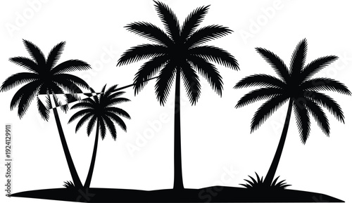 Tropical palm tree silhouettes on island, black coconut trees in summer beach landscape, cad drawing flat vector illustration of exotic nature scenery