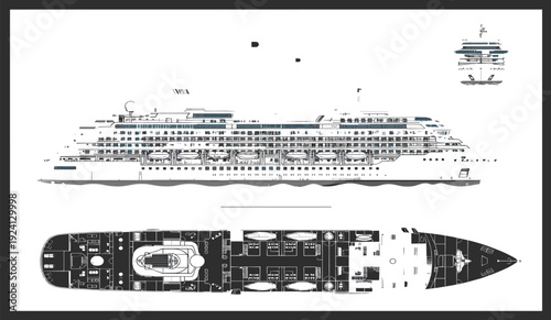 Cruise ship blueprint with side elevation and deck plan view, technical nautical vessel design, cad drawing flat vector illustration of luxury ocean liner