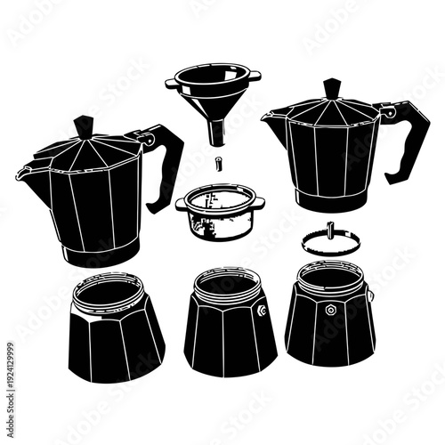 Disassembled Espresso Maker Parts Silhouette for Coffee Crafting - Barista Concept