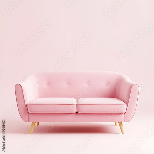 A modern pink sofa with a plush velvet finish and clean lines, showcased against a smooth, solid pink background in a professional studio setup.