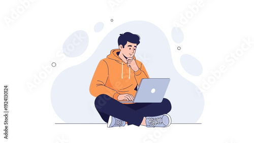 Man Thinking While Using Laptop, Casual Online Work, Digital Education, Modern Lifestyle