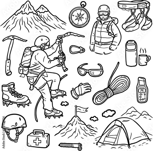 Mountain climbing doodle set with alpinist, gear, tent, and snowy peaks in black and white outline style, perfect for adventure posters, outdoor club designs
