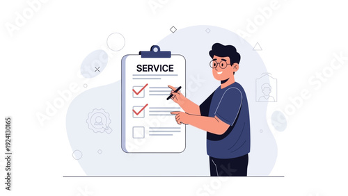 Man checking off service list on clipboard, customer support concept illustration