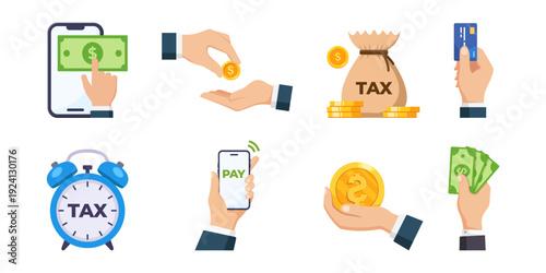 Flat vector set of tax and payment icons including mobile banking, money transfer, tax deadline clock, credit card, cash, coins, and digital payment concepts.