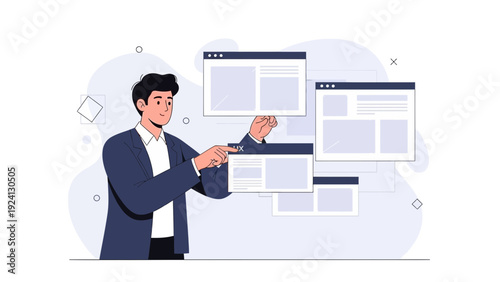 Man interacting with website interfaces, digital design, ui ux concept