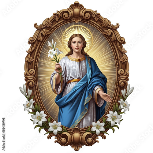 A young saintly figure holds white lilies, framed by an ornate golden oval. He wears a white tunic and blue drapery, with a radiant halo and light rays.