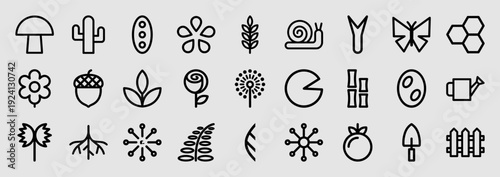 Nature and gardening monoline icons for organic branding and landscape design. Professional black outline pictograms featuring botany, horticulture, and outdoor growth concepts.