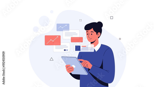 Man using tablet with data analytics charts and graphs, business concept