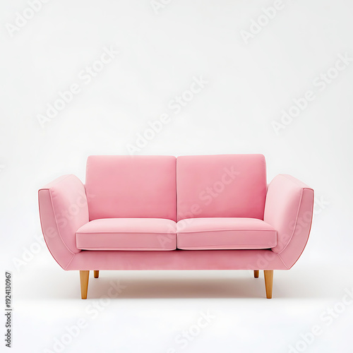 Modern pink sofa with a subtle curve and wooden legs, smooth fabric upholstery, captured on a bright white studio background for clean product display.
