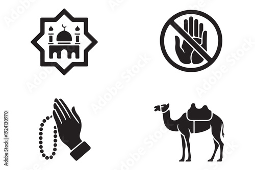 Islamic religious symbols set featuring mosque in octagram sign no entry hand prayer beads and desert camel